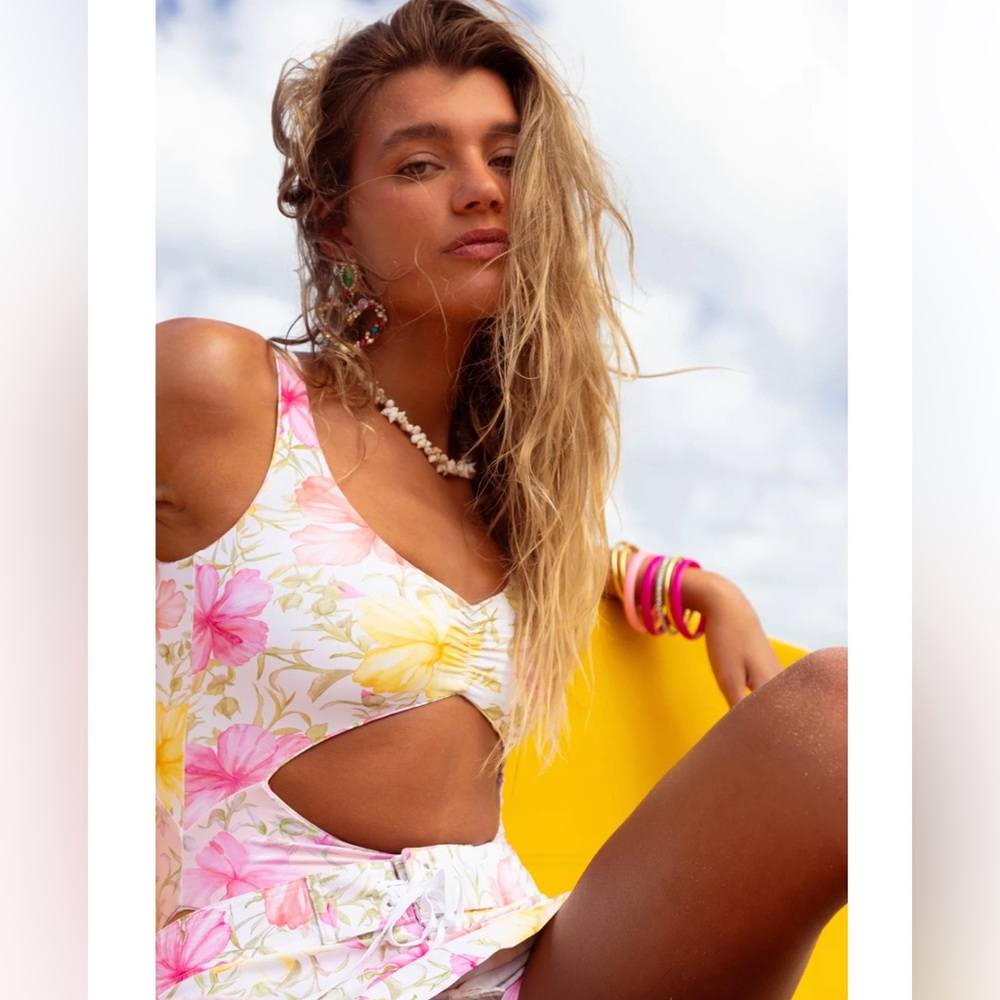 NWT Hurley X Love Shack Fancy collab. Hibiscus cheeky one piece. Yellow and pink